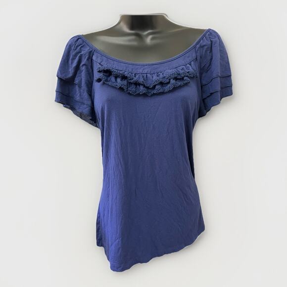NY Collection Top Large Navy Blue Ruffle Scoop Neck Short Sleeve Blouse Casual - Picture 1 of 6